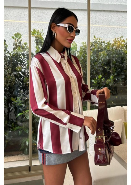 Çubuk Çizgili Şifon Saten Gömlek -Bordo fırsatları