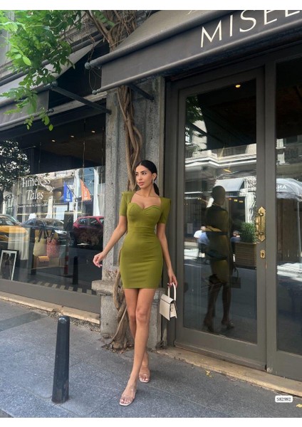 Kalp Yaka Vaktakı Mini Krep Elbise 582982 F.yeşil