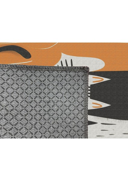 Kedi Desenli Çocuk Halısı, Siyah, Sarı ve Turuncu Renkli, Kaymaz Taban, Oda Dekoru