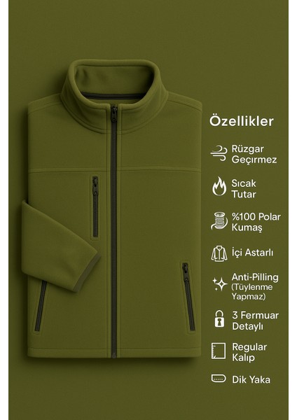 Erkek Anti-Pilling Tüylenme Yapmayan Standart Fit Dik Yaka Soğuk Geçirmez Üç Cepli Fermuarlı Polar modelleri