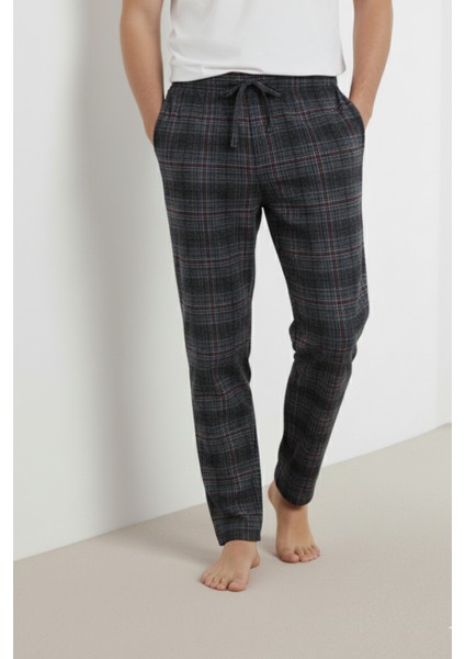 Kareli Pamuk Elastan Erkek Pijama Altı Ince Rahat Kalıp Cepli Ipli Esnek Koyu Gri Ekoseli Mevsimlik