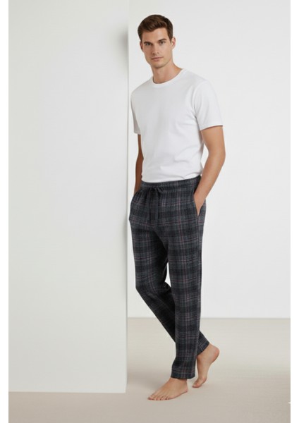 Kareli Pamuk Elastan Erkek Pijama Altı Ince Rahat Kalıp Cepli Ipli Esnek Koyu Gri Ekoseli Mevsimlik indirimleri