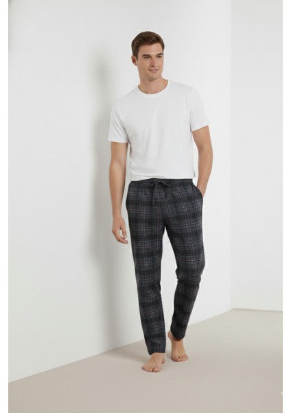 Kareli Pamuk Elastan Erkek Pijama Altı Ince Rahat Kalıp Cepli Ipli Esnek Koyu Gri Ekoseli Mevsimlik fırsatları