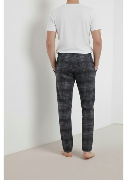 Kareli Pamuk Elastan Erkek Pijama Altı Ince Rahat Kalıp Cepli Ipli Esnek Koyu Gri Ekoseli Mevsimlik