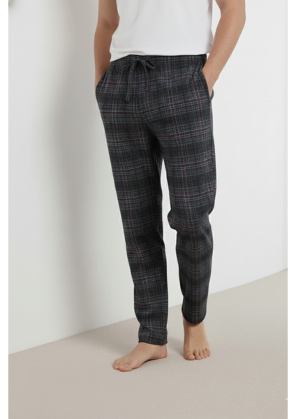 Kareli Pamuk Elastan Erkek Pijama Altı Ince Rahat Kalıp Cepli Ipli Esnek Koyu Gri Ekoseli Mevsimlik modelleri