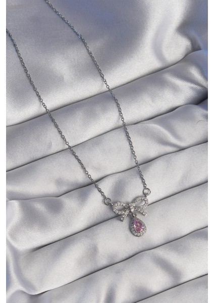 316L Çelik Gümüş Renk Fiyonk Detay Pembe Zirkon Taşlı Damla Kolye - TJ-BKO8921 fırsatları