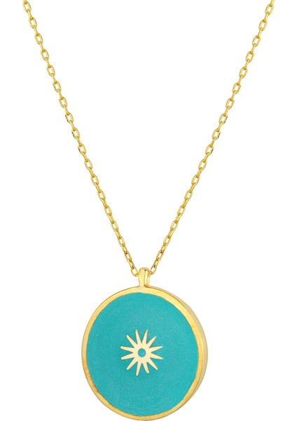 Mavi Mini Güneş Mineli Madalyon Gümüş Kolye
