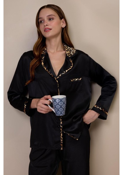 3966 Siyah Saten Pijama Takımı
