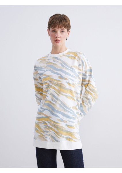 Yeni Sezon Büyük Beden Bisiklet Yaka Desenli Kadın Sweatshirt Tunik