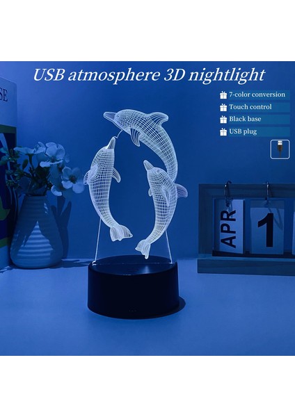 1pc Yunus Deseni 3D Gece Işığı, USB Arayüzü, Atmosfer Dekoratif Işık, Arkadaşlar Için Tatil Hediye Gecesi Işığı. Yayan Renk: 7 Molors (Yurt Dışından)
