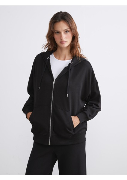 Yeni Sezon Kapüşonlu Oversize Kadın Fermuarlı Sweatshirt
