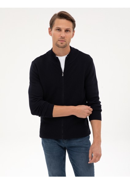 Erkek Lacivert Slim Fit Fermuarlı Triko Hırka 50317341-VR033