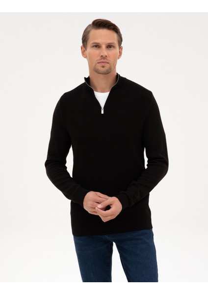 Erkek Siyah Slim Fit Dik Yaka Fermuarlı Triko Kazak 50317397-VR046