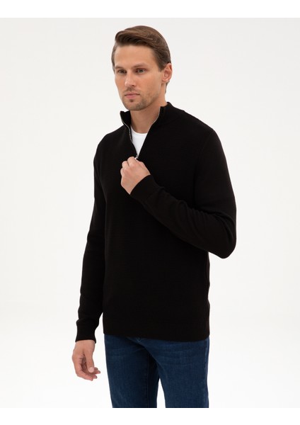 Erkek Siyah Slim Fit Dik Yaka Fermuarlı Triko Kazak 50317397-VR046 modelleri