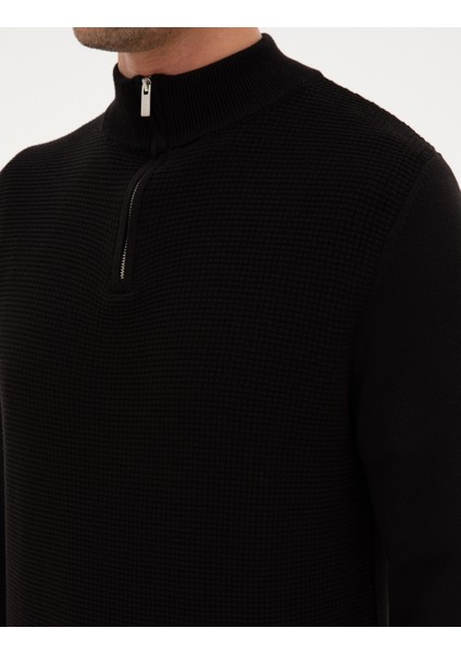 Erkek Siyah Slim Fit Dik Yaka Fermuarlı Triko Kazak 50317397-VR046
