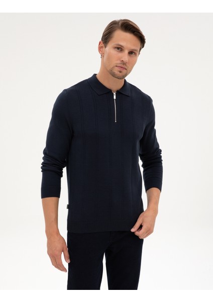 Erkek Lacivert Slim Fit Polo Yaka Fermuarlı Triko Kazak 50317398-VR033