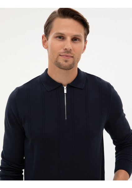 Erkek Lacivert Slim Fit Polo Yaka Fermuarlı Triko Kazak 50317398-VR033 fiyatları