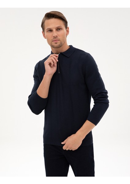 Erkek Lacivert Slim Fit Polo Yaka Fermuarlı Triko Kazak 50317398-VR033 modelleri