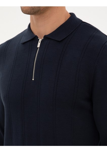 Erkek Lacivert Slim Fit Polo Yaka Fermuarlı Triko Kazak 50317398-VR033