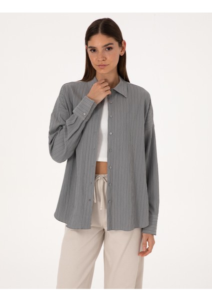 Kadın Gri Oversize Uzun Kollu Gömlek 50318232-VR024