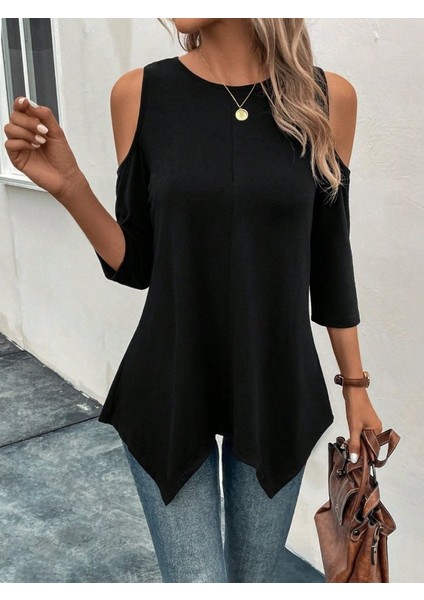 Kadın Omuzlardan Açık Sıfır Yaka Asimetrik Kesim Detay Viskon Bluz fırsatları