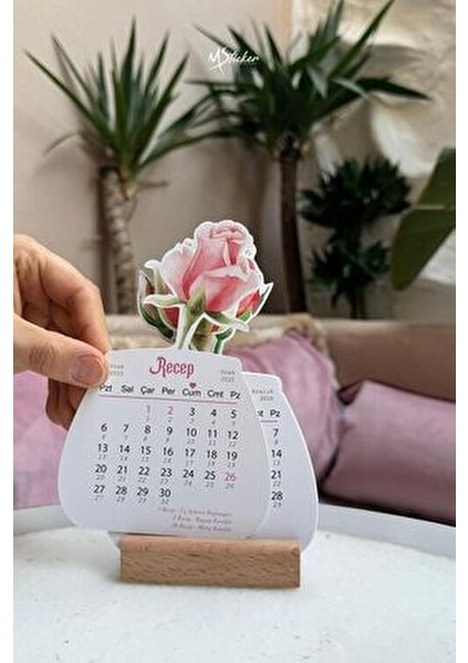 Gül Figürlü Ahşap Ayaklı Hicri Takvim 12 Yapraklı Özel Tasarım Masa Takvimi