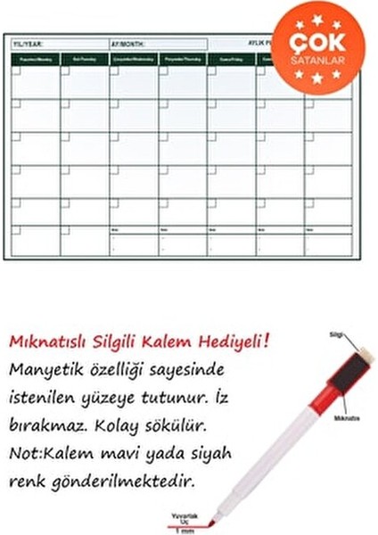 Manyetik Yapışkanlı Mini Aylık Plan Çizelgesi 85x56 cm Beyaz Renkli fiyatları