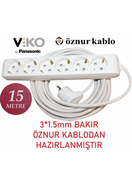 6'lı 15 Metre Çocuk Korumalı Öznur Bakır Kablodan Grup Priz