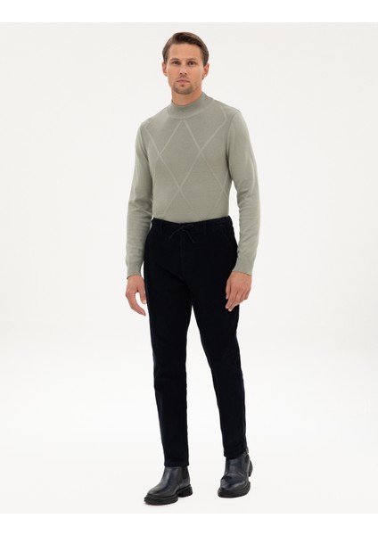 Erkek Lacivert Carrot Fit Beli Lastikli Kordonlu Kanvas Pantolon 50315294-VR033