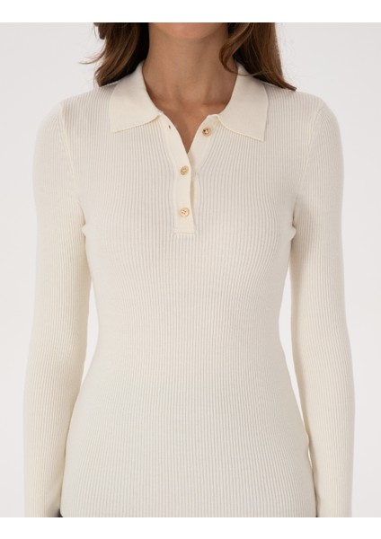 Kadın Ekru Slim Fit Polo Yaka Kazak 50317090-VR019