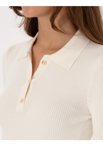 Kadın Ekru Slim Fit Polo Yaka Kazak 50317090-VR019