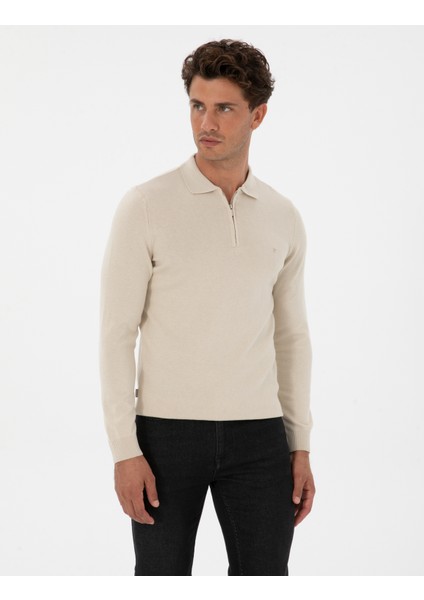 Erkek Krem Melanj Slim Fit Polo Yaka Fermuarlı Basic Triko Kazak 50315406-VR159