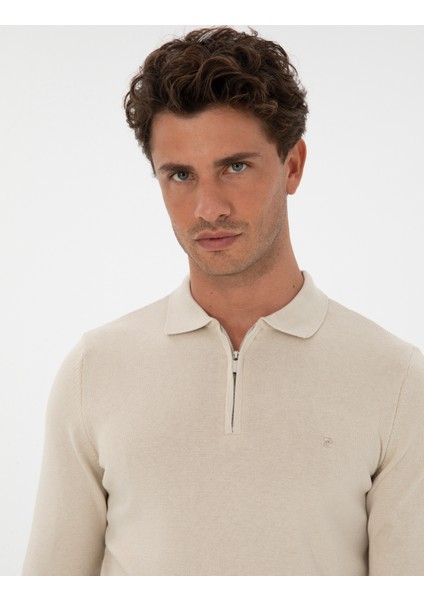 Erkek Krem Melanj Slim Fit Polo Yaka Fermuarlı Basic Triko Kazak 50315406-VR159 fiyatları