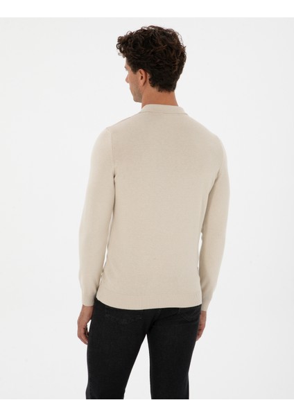 Erkek Krem Melanj Slim Fit Polo Yaka Fermuarlı Basic Triko Kazak 50315406-VR159 indirimleri