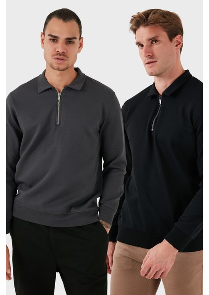Pamuklu Regular Fit Yarım Fermuarlı 2'li Paket Polo Yaka Sweat Erkek Sweat 5905789S2