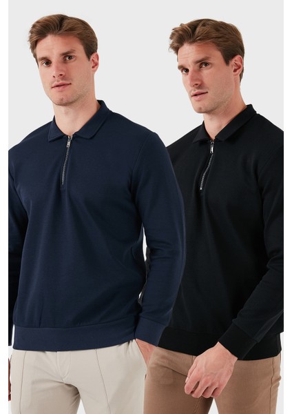 Pamuklu Regular Fit Yarım Fermuarlı 2'li Paket Polo Yaka Sweat Erkek Sweat 5905789S2