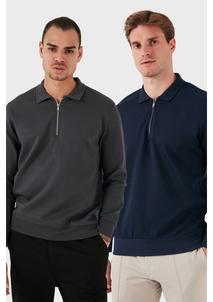 Pamuklu Regular Fit Yarım Fermuarlı 2'li Paket Polo Yaka Sweat Erkek Sweat 5905789S2