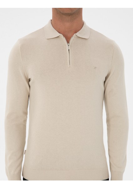 Erkek Krem Melanj Slim Fit Polo Yaka Fermuarlı Basic Triko Kazak 50315406-VR159