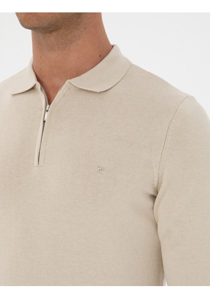 Erkek Krem Melanj Slim Fit Polo Yaka Fermuarlı Basic Triko Kazak 50315406-VR159