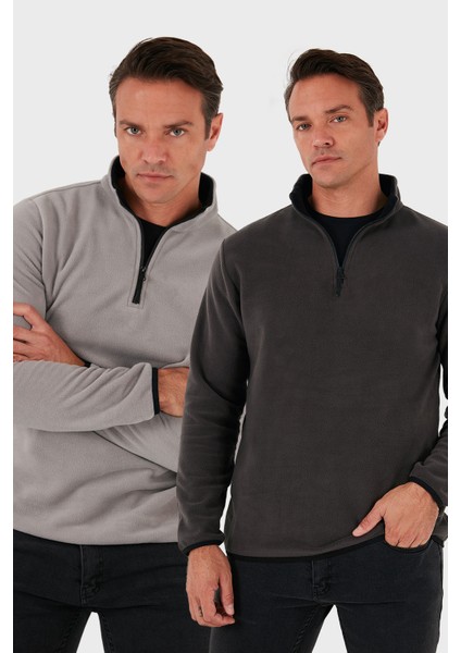 Slim Fit Yarım Fermuarlı Dik Yaka 2'li Paket Polar Erkek Polar 5906003S2