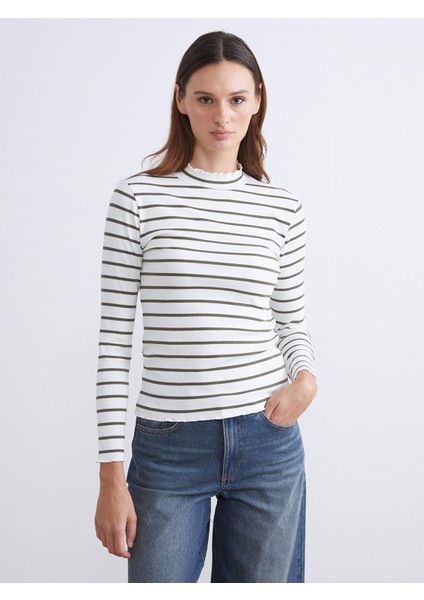 Yeni Sezon Dik Yaka Çizgili Kadın Body