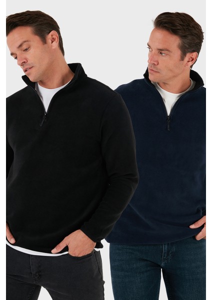 Slim Fit Yarım Fermuarlı Dik Yaka 2'li Paket Polar Erkek Polar 5906003S2