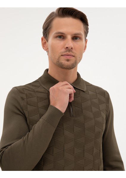 Erkek Koyu Haki Slim Fit Polo Yaka Fermuarlı Triko Kazak 50315688-VR111 fiyatları