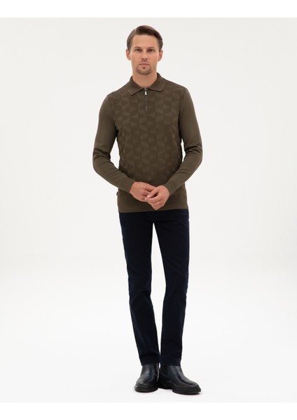 Erkek Koyu Haki Slim Fit Polo Yaka Fermuarlı Triko Kazak 50315688-VR111 fırsatları
