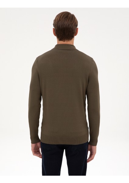 Erkek Koyu Haki Slim Fit Polo Yaka Fermuarlı Triko Kazak 50315688-VR111 indirimleri