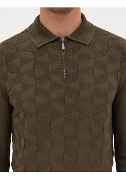 Erkek Koyu Haki Slim Fit Polo Yaka Fermuarlı Triko Kazak 50315688-VR111