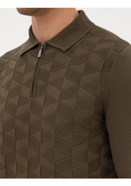 Erkek Koyu Haki Slim Fit Polo Yaka Fermuarlı Triko Kazak 50315688-VR111
