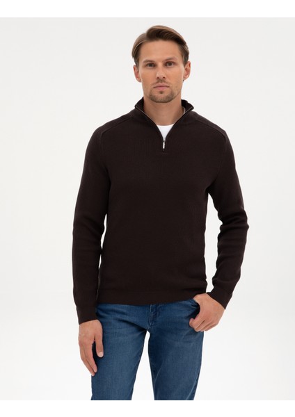 Erkek Koyu Kahverengi Slim Fit Dik Yaka Fermuarlı Triko Kazak 50315732-VR084