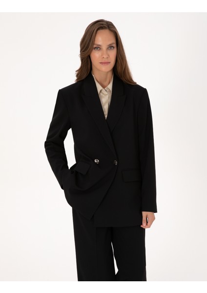 Kadın Siyah Comfort Fit Kruvaze Ceket 50319433-VR046