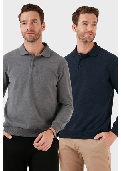 Pamuk Karışımlı Regular Fit 2'li Paket Polo Yaka Kazak Erkek Polo Yaka Kazak 456223S2